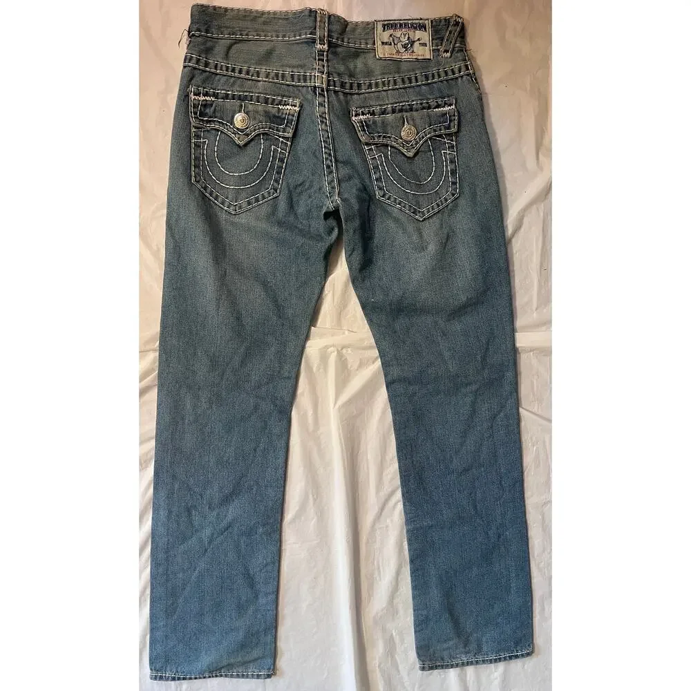 True Religion World Tour Distressed Jeans Men's Size 32 Straight Light Wash
